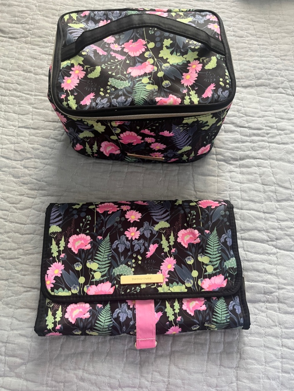 Floral Black Cosmetic Travel Set with Pink Accents